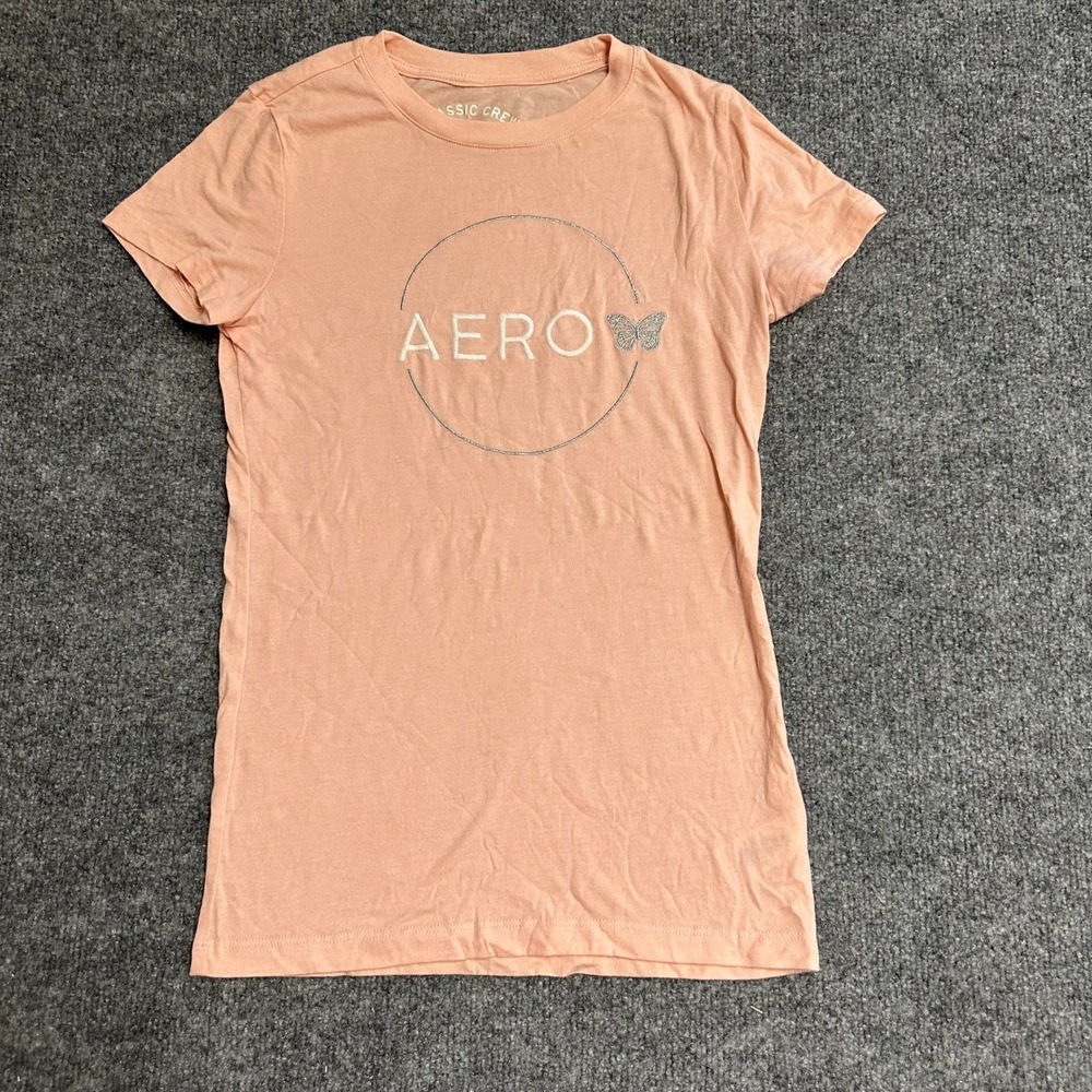 Aeropostale T-Shirt Womens Size M Peach Pink Graphic Butterfly Slim Fit Glitter